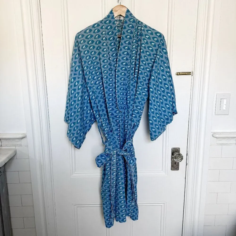 Vintage Mandarin Oriental Bangkok Hotel L Cotton Long Robe Blue with Elephants
